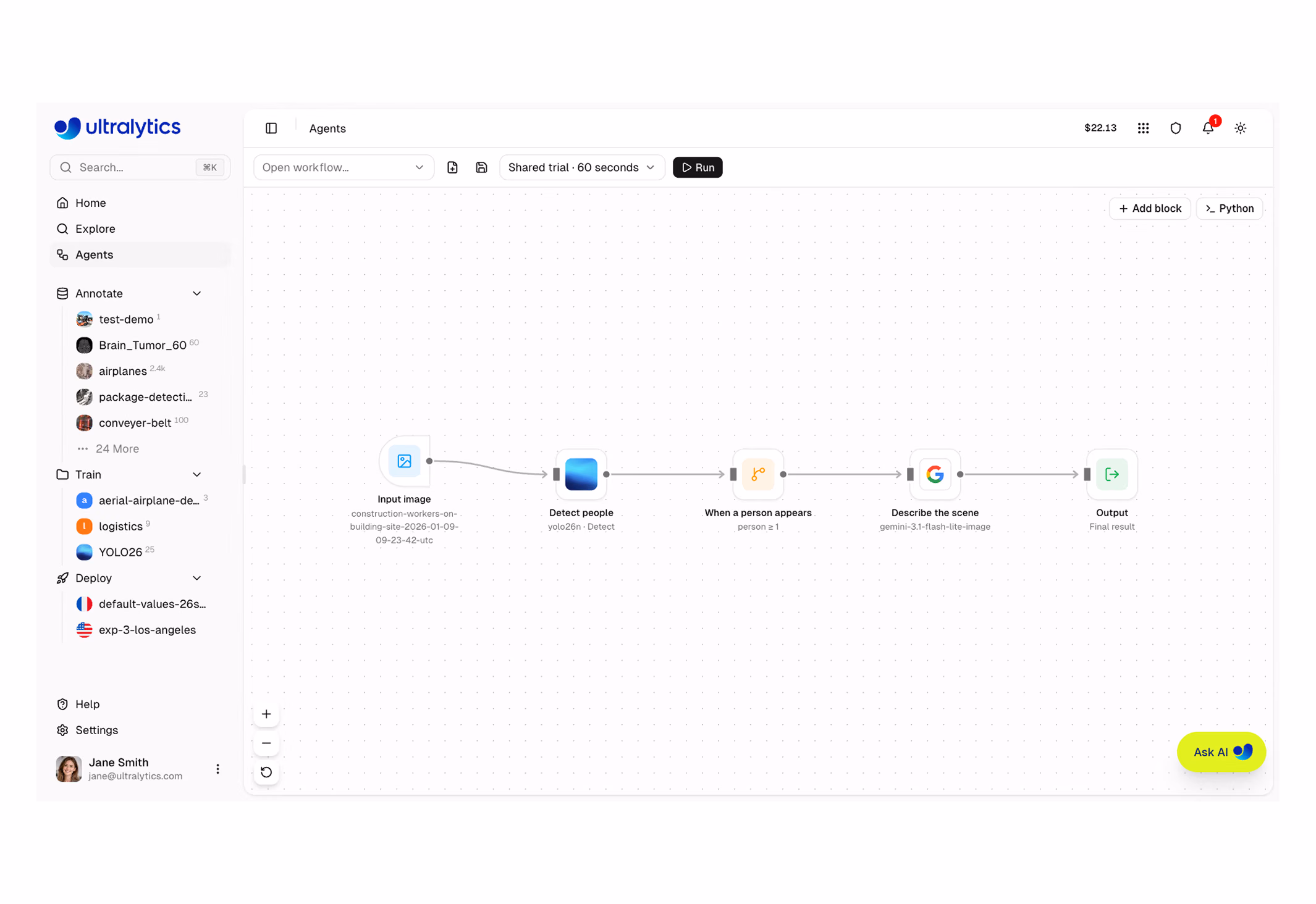 Холст агентов платформы Ultralytics, соединяющий изображение, YOLO, условие, визуально-языковую модель и блок вывода.